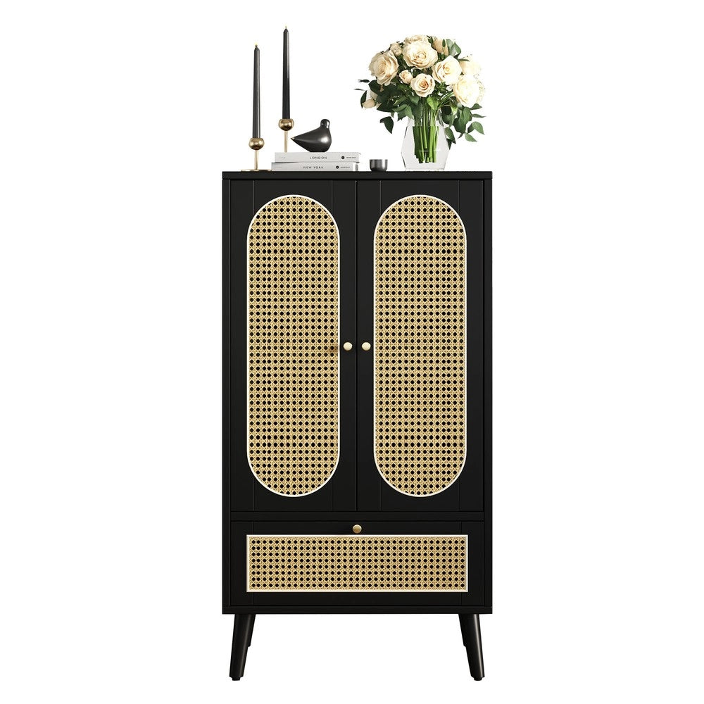 Consolle salvaspazio ¨C Minimal ¨C nero design rattan 110x40x120 cm 2 ante 1 cassetto