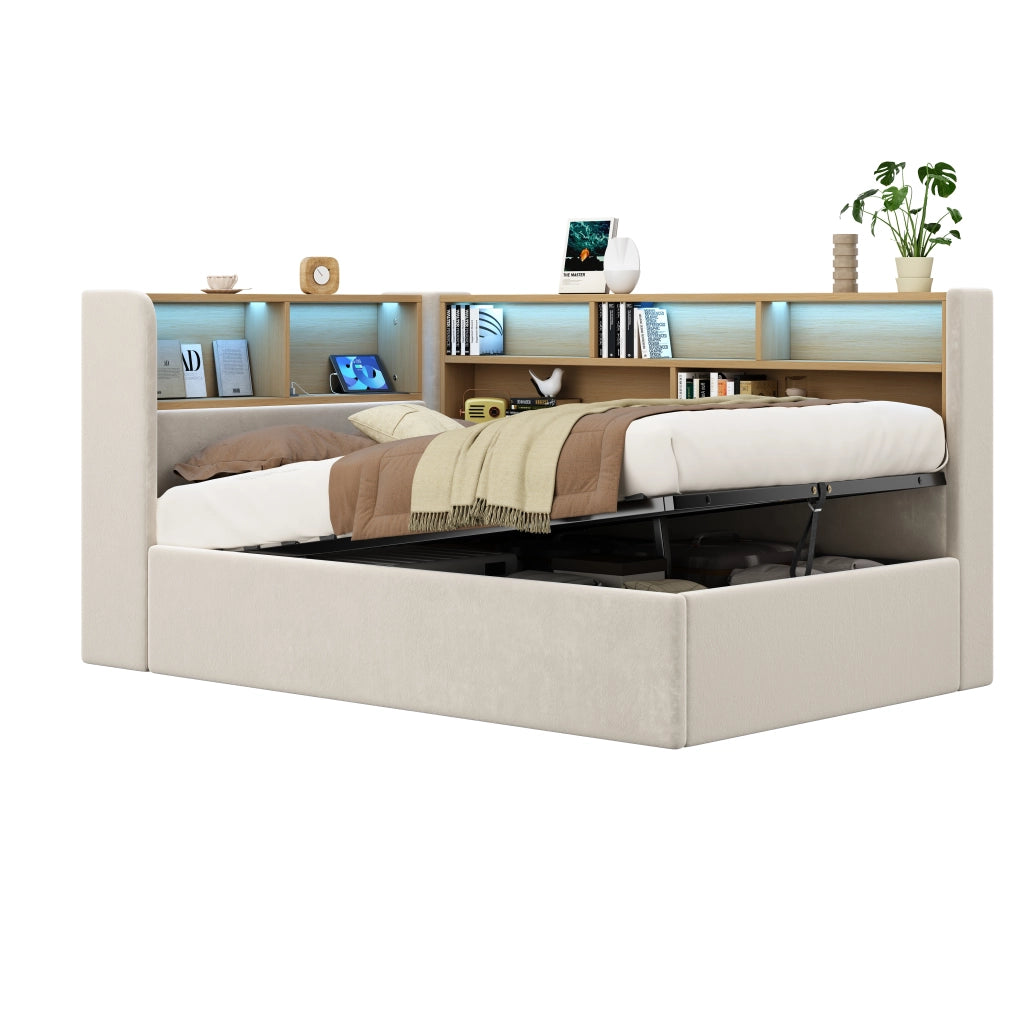 Letto singolo 90x200 cm con contenitore a sollevamento idraulico; LED; USB e velluto beige
