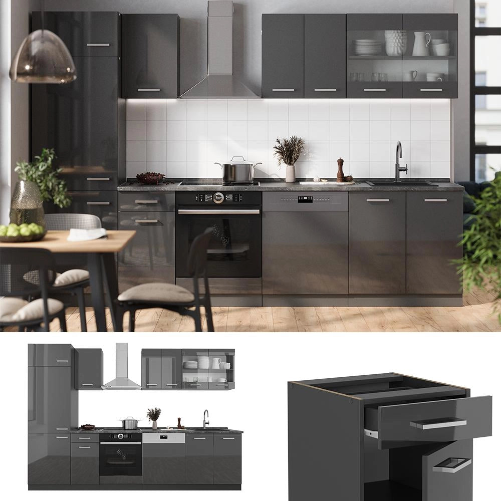 Cucina componibile R-Line Antracite lucido/Antracite 300 cm senza piano di lavoro Vicco
