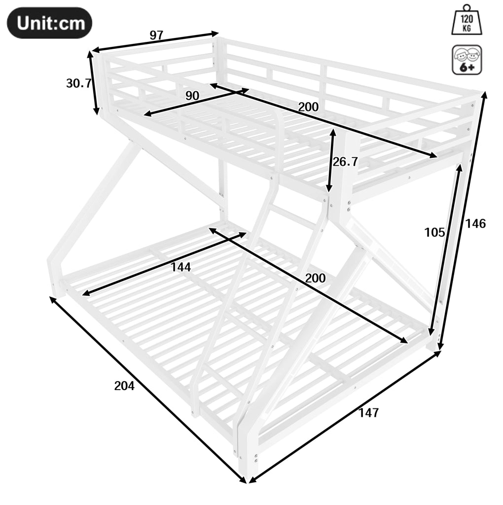 Letto a Castello in Ferro 90x200 cm e 140x200 cm con Striscia LED, Corrimano di Sicurezza e Scala, Bianco, Senza Materasso