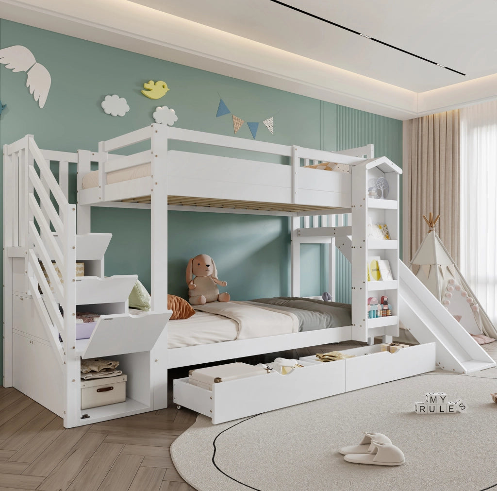 Letto a castello per bambini con scivolo, due cassetti su rotelle e scaletta con armadietto, bianco 90x200 cm