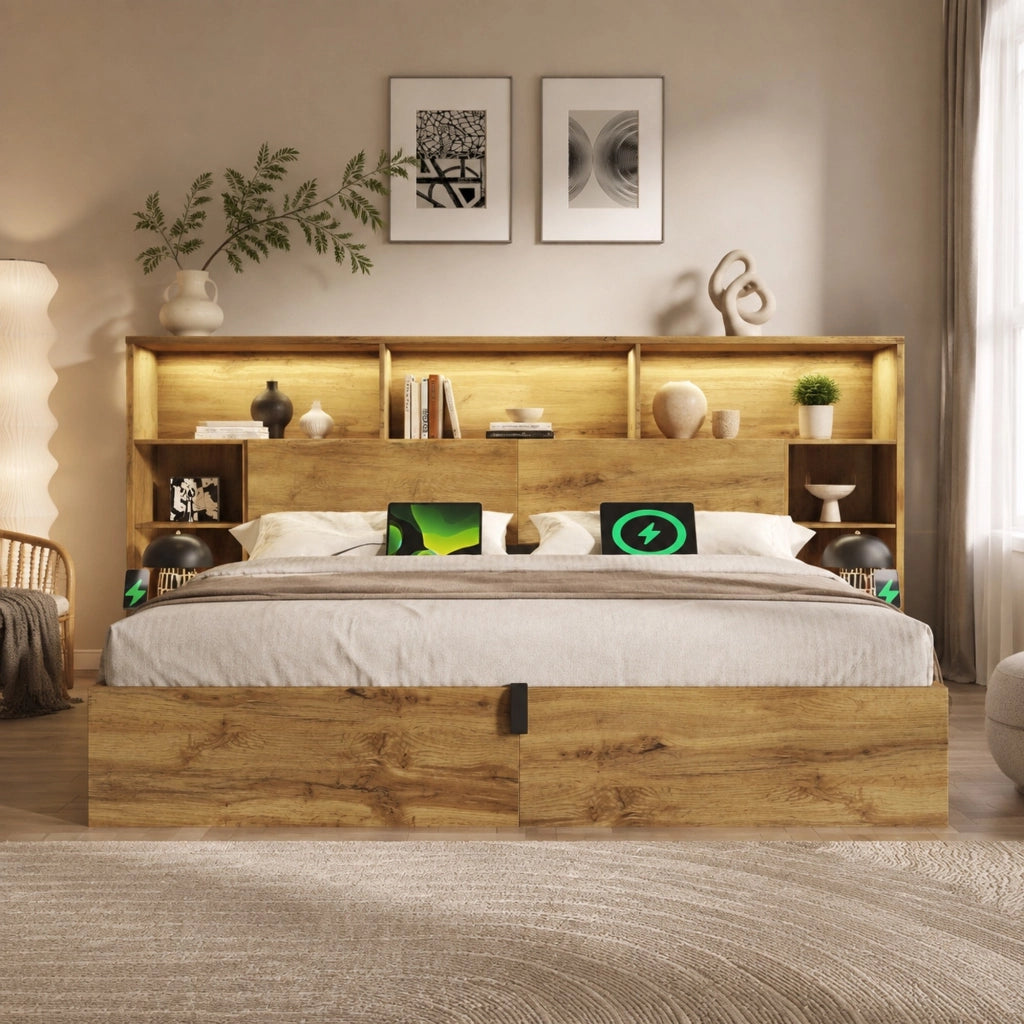 Letto matrimoniale con contenitore 180 × 200 cm con comodini integrati LED USB e USB-C in legno color rovere