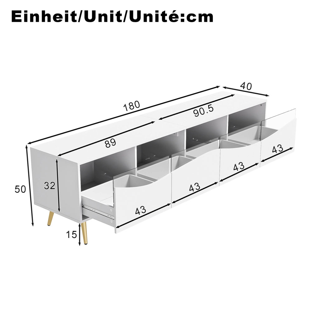 Mobile TV 180x40x50 cm con LED Bluetooth; vetro temperato e MDF bianco