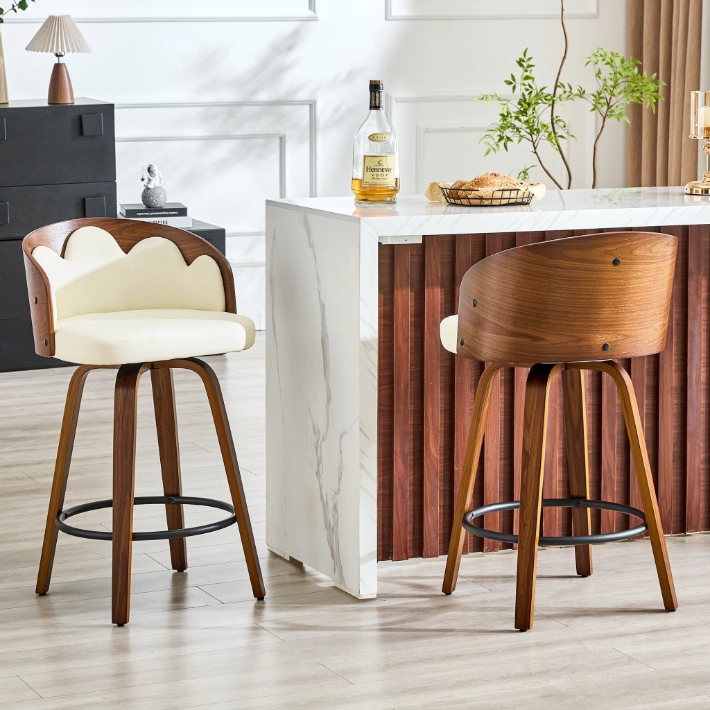 2 sgabelli da bar con schienale floreale, Bugholz, PU, poggiapiedi in metallo, design moderno