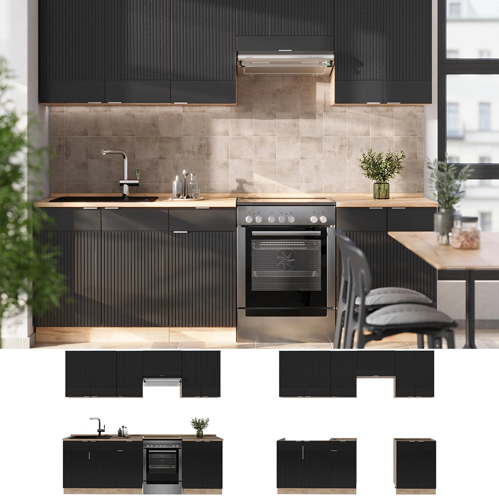 Cucina componibile Fame-Line Nero rigato/Rovere dorato 240 cm, PL Marmo Vicco