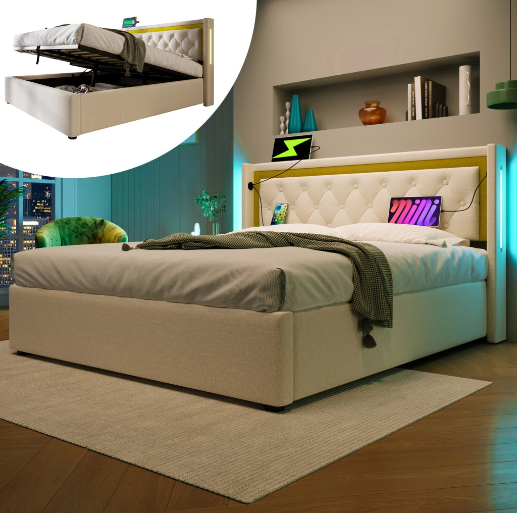 Letto matrimoniale 140x200 cm con contenitore, LED e USB-C in cotone beige