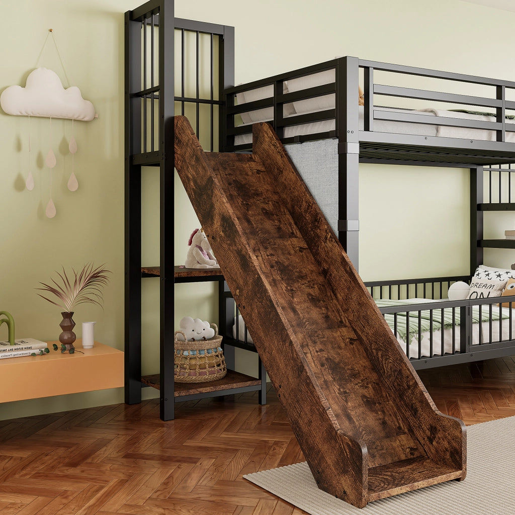 Letto a castello per bambini in metallo con scivolo, scala con contenitore e ripiani integrati 90x200 cm, nero