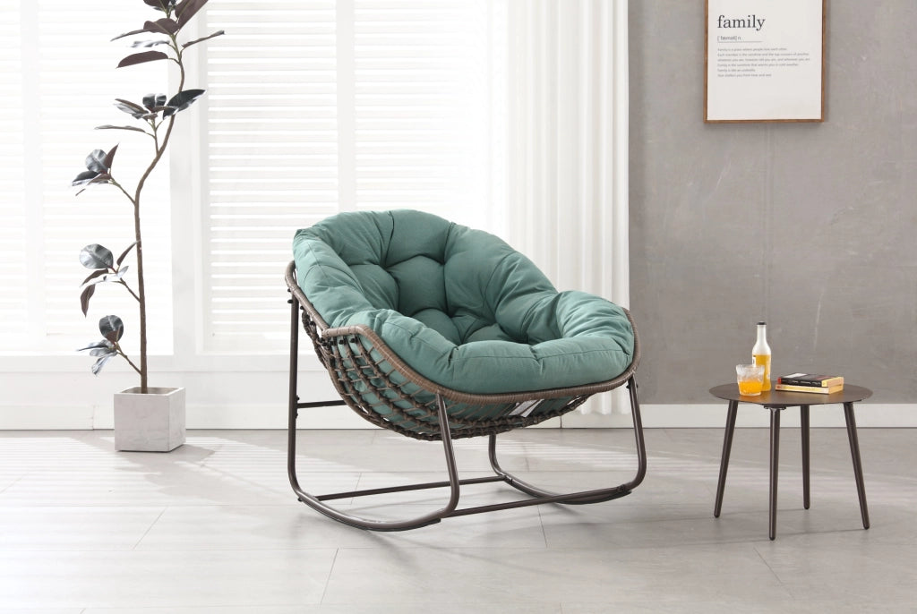 Sedia a dondolo da esterno ULEVR 78x106x90 cm in rattan e acciaio, cuscino spesso 4 pollici, verde