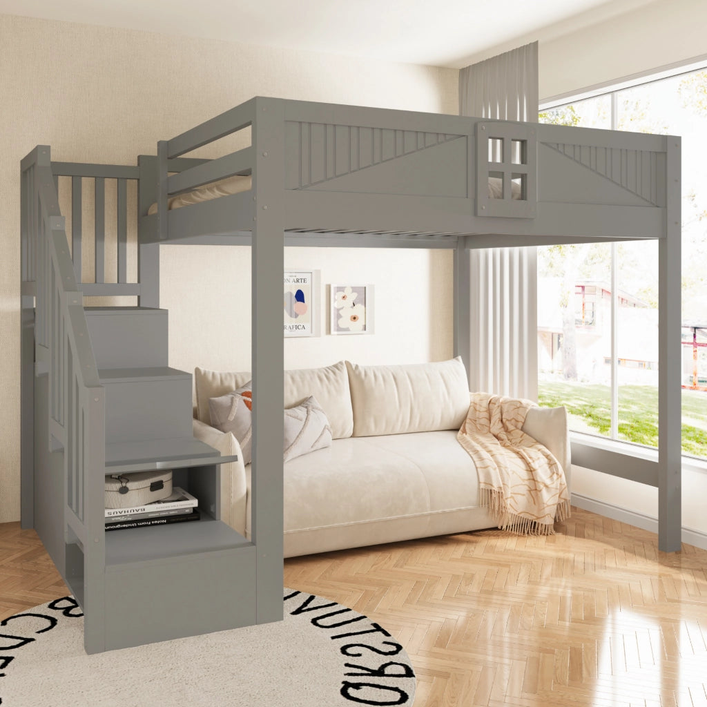 Letto a soppalco 140 x 200 cm - letto multifunzione con scaletta contenitore reversibile, contenitori e sponde con finestra - legno/MDF - grigio