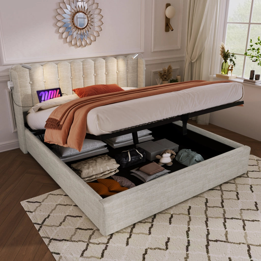 Letto matrimoniale con contenitore; luce da lettura e USB; 140x200 cm; rivestito in lino beige