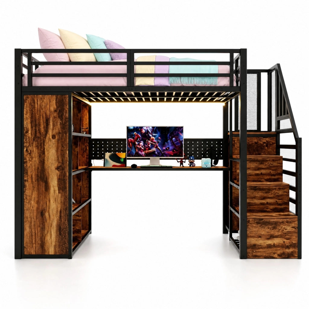 Letto a soppalco 90x200 cm con scrivania; LED; armadio e scala contenitore; metallo e legno nero