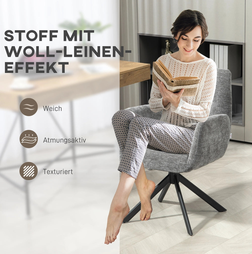 Poltrona girevole lounge con braccioli in tessuto effetto lana e lino, gambe in acciaio, colore grigio scuro, 60x61x88 cm