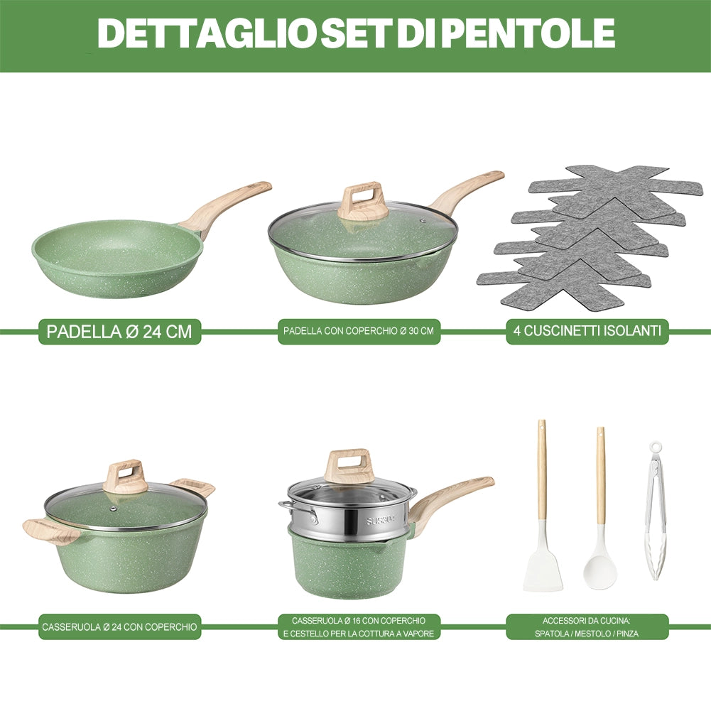 Batteria Pentole 15 Pezzi con Accessori e Coperchi in Alluminio Pressofuso Verde