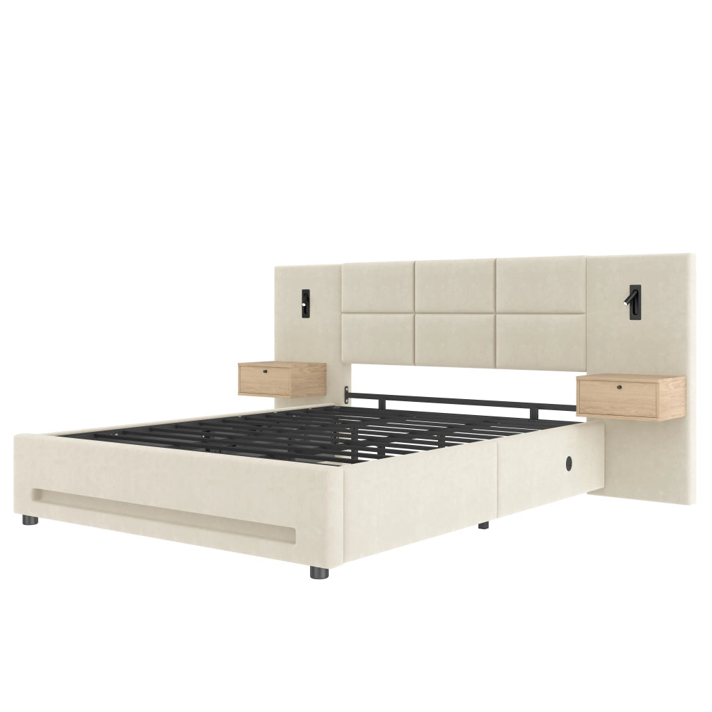 Letto contenitore 180x200 cm imbottito in velluto beige con testiera; LED e USB-C per camera da letto