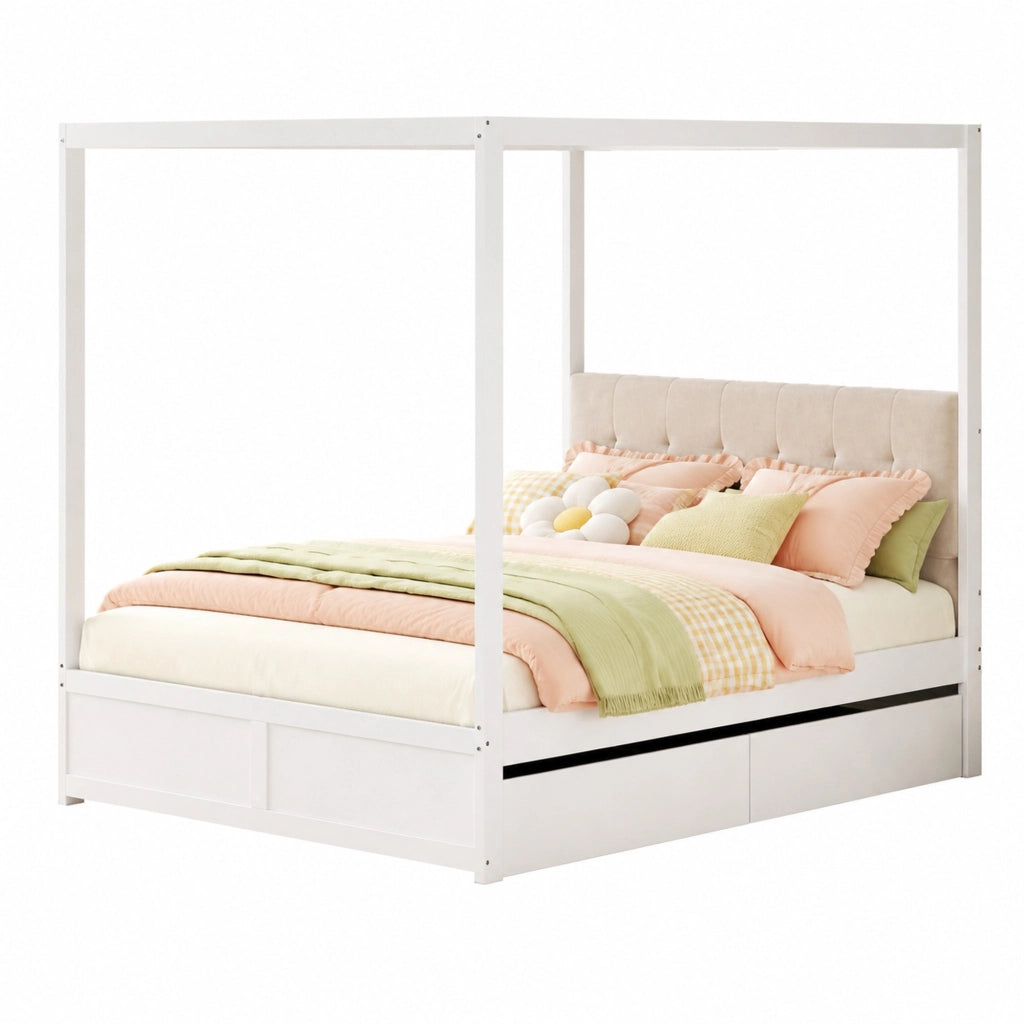 Letto con cassetti 140 × 200 cm con struttura a tenda testiera imbottita in metallo compensato e MDF bianco