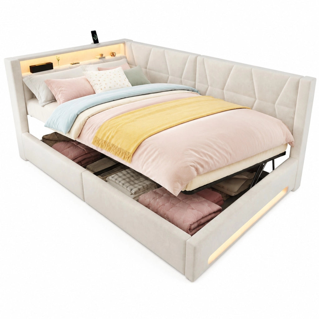 Letto imbottito beige 140 x 200 cm con vano contenitore, LED, USB e Type-C