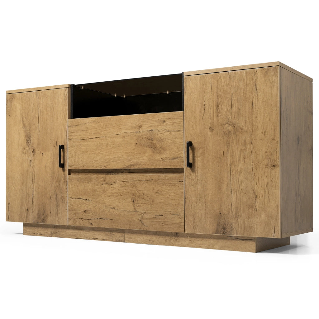Credenza con 2 cassetti; 2 ante e vano aperto 140x40x70 cm in rovere e vetro ESG marrone