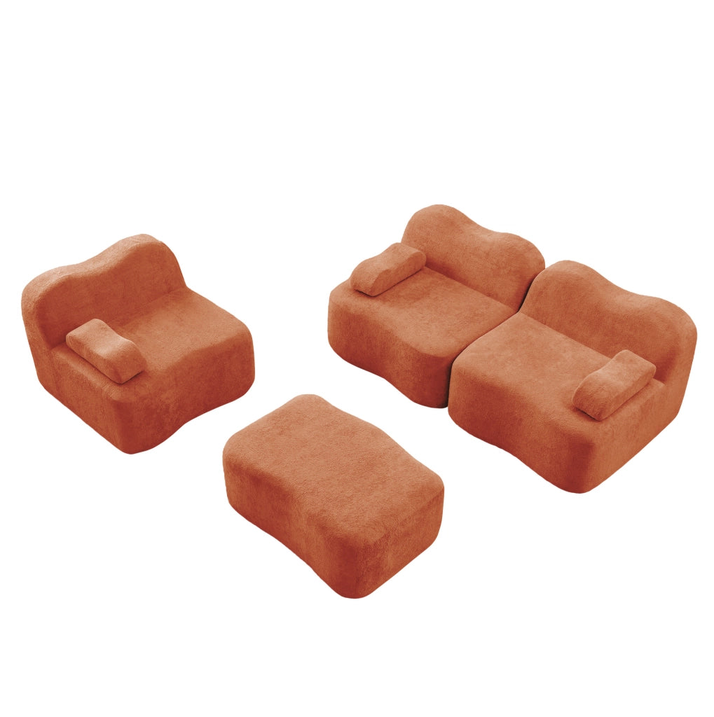 Divano modulare angolare 3 posti con pouf, schiuma ad alta densità 32D, rivestimento in velluto arancione per soggiorno
