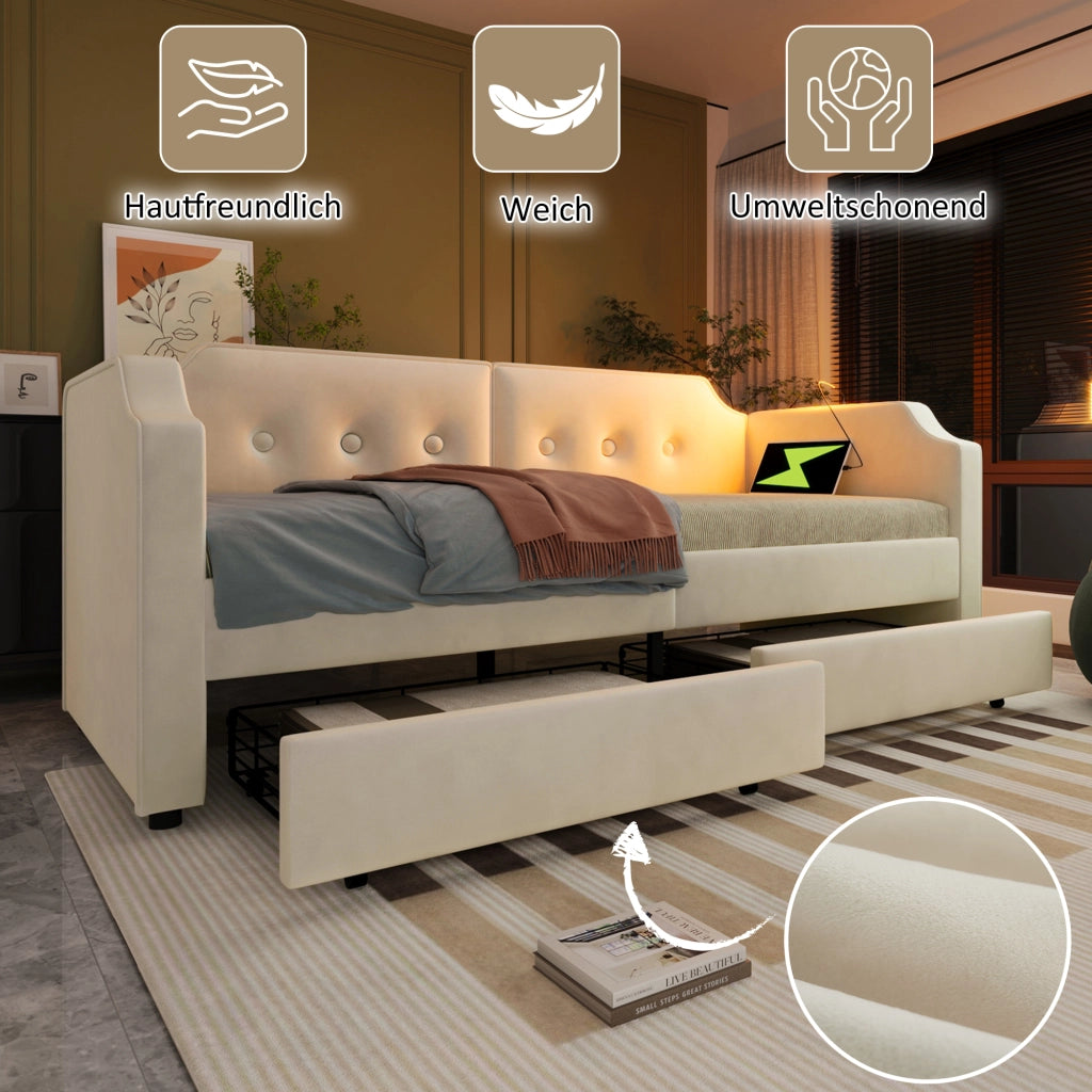 Letto singolo imbottito 90 ¡Á 200 cm in velluto beige con cassetti luce da lettura USB Type-C rete a doghe