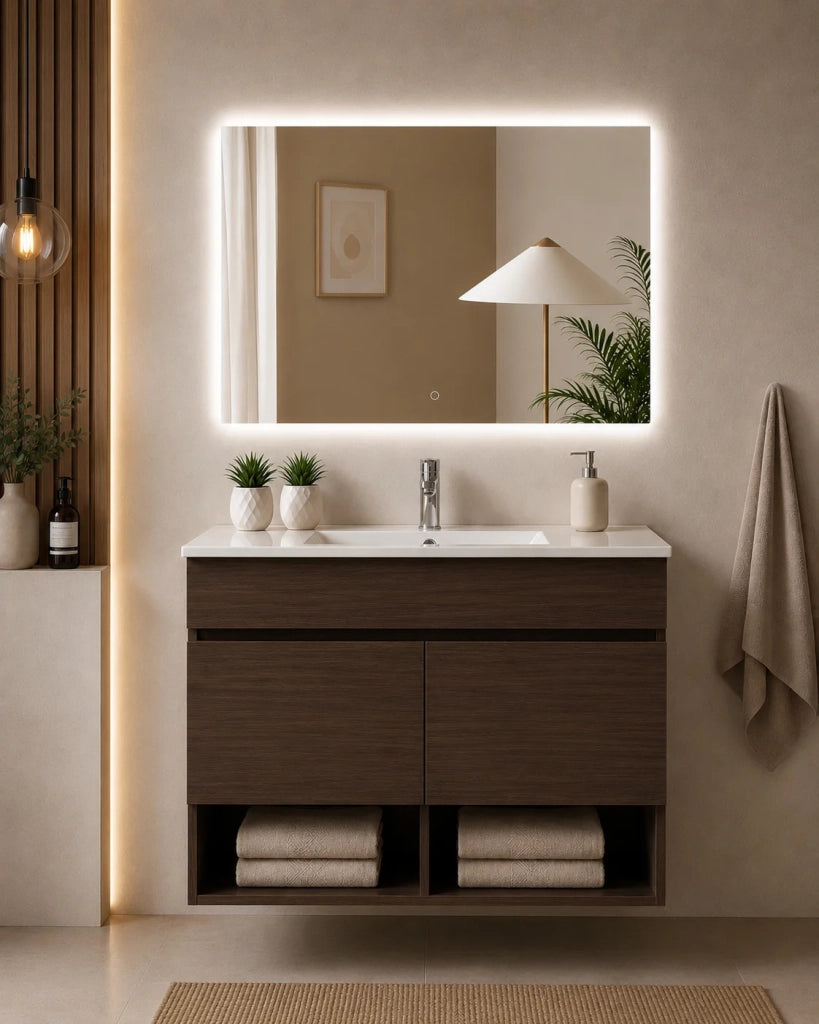 Mobile bagno sospeso con lavabo ORIGENBATH NEBARI con ante con colonna 100x40 cm frassino tea con colonna