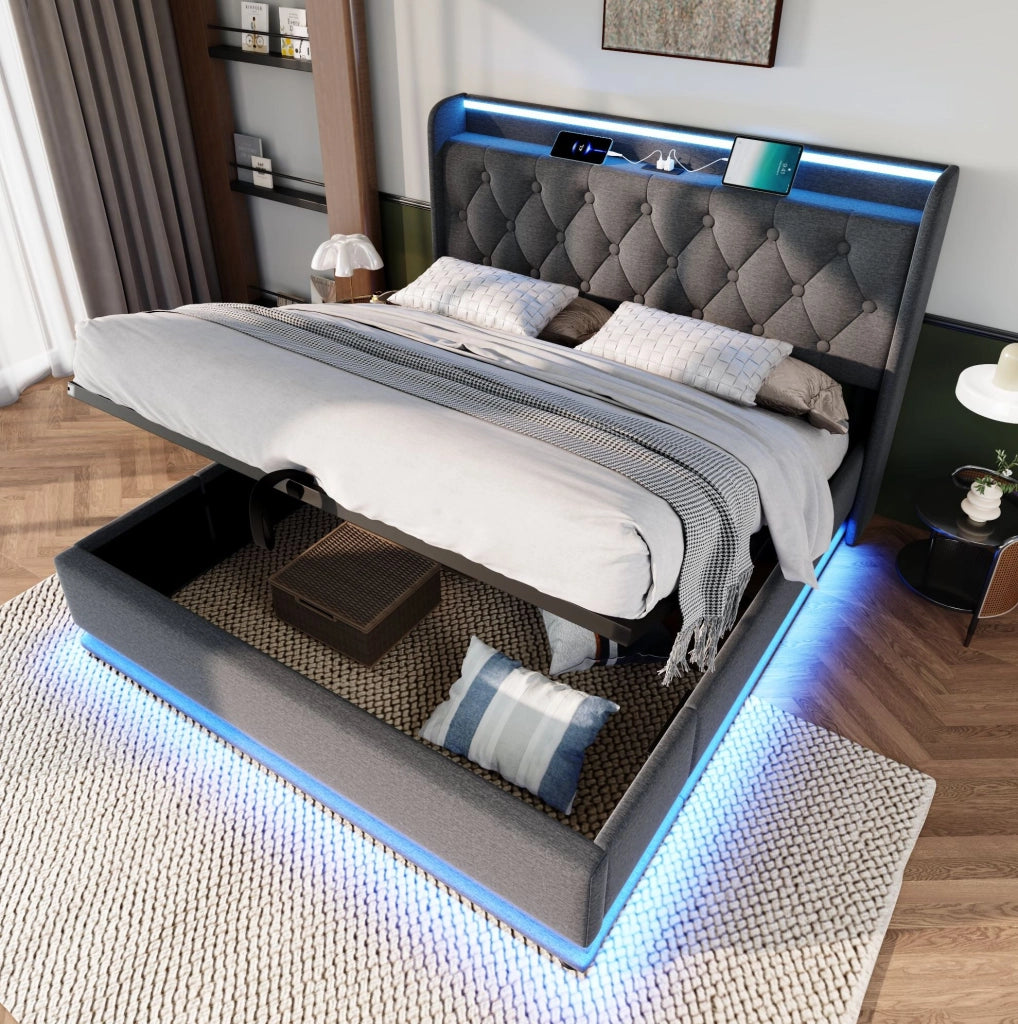 Letto matrimoniale con LED 360°, testiera imbottita e contenitore idraulico