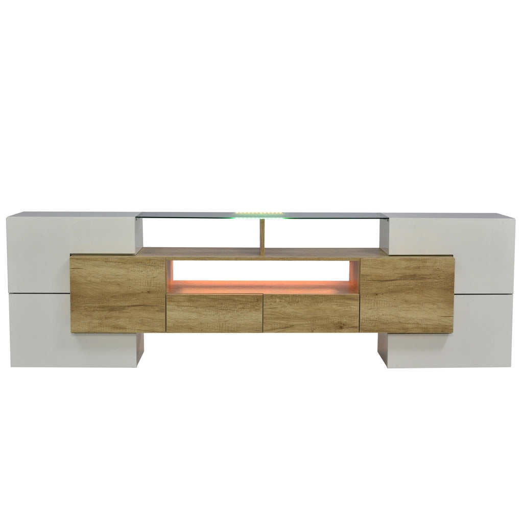Mobile TV 200 cm con LED multicolore in MDF e truciolare bianco lucido e color legno