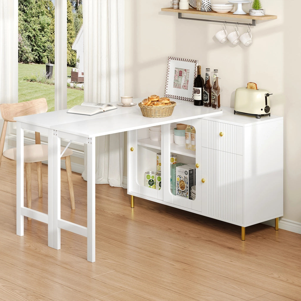 Credenza e madia con piano pieghevole estensibile, 2 ante scorrevoli e cassetti, per cucina e sala da pranzo, bianca
