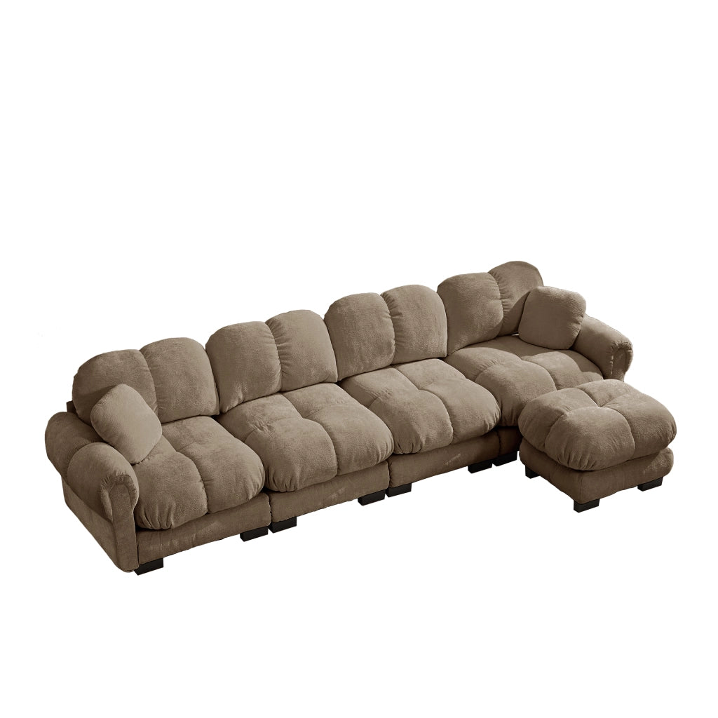 Divano angolare modulare 4 posti 330x149 cm con pouf mobile; chenille marrone; struttura a L