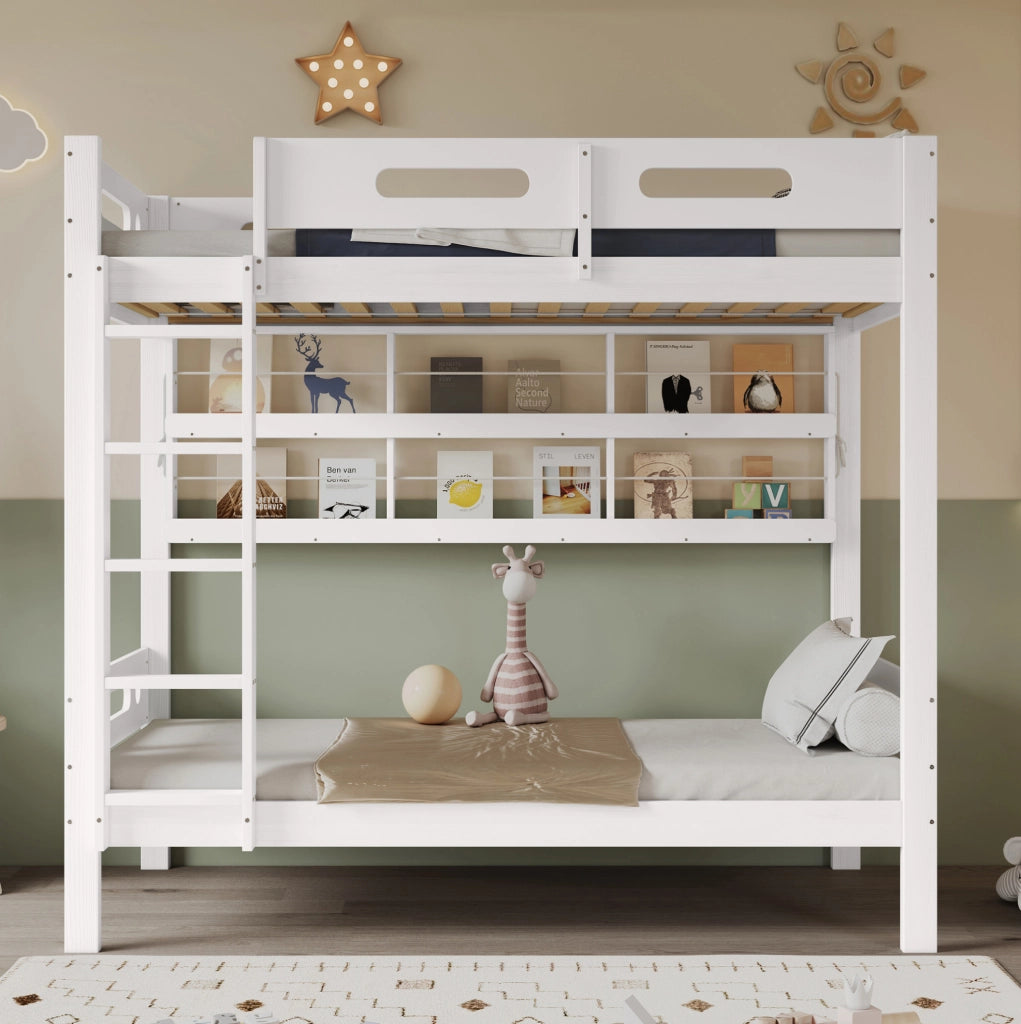 Letto a castello per bambini 90x200 cm in legno e MDF bianco con ripiani