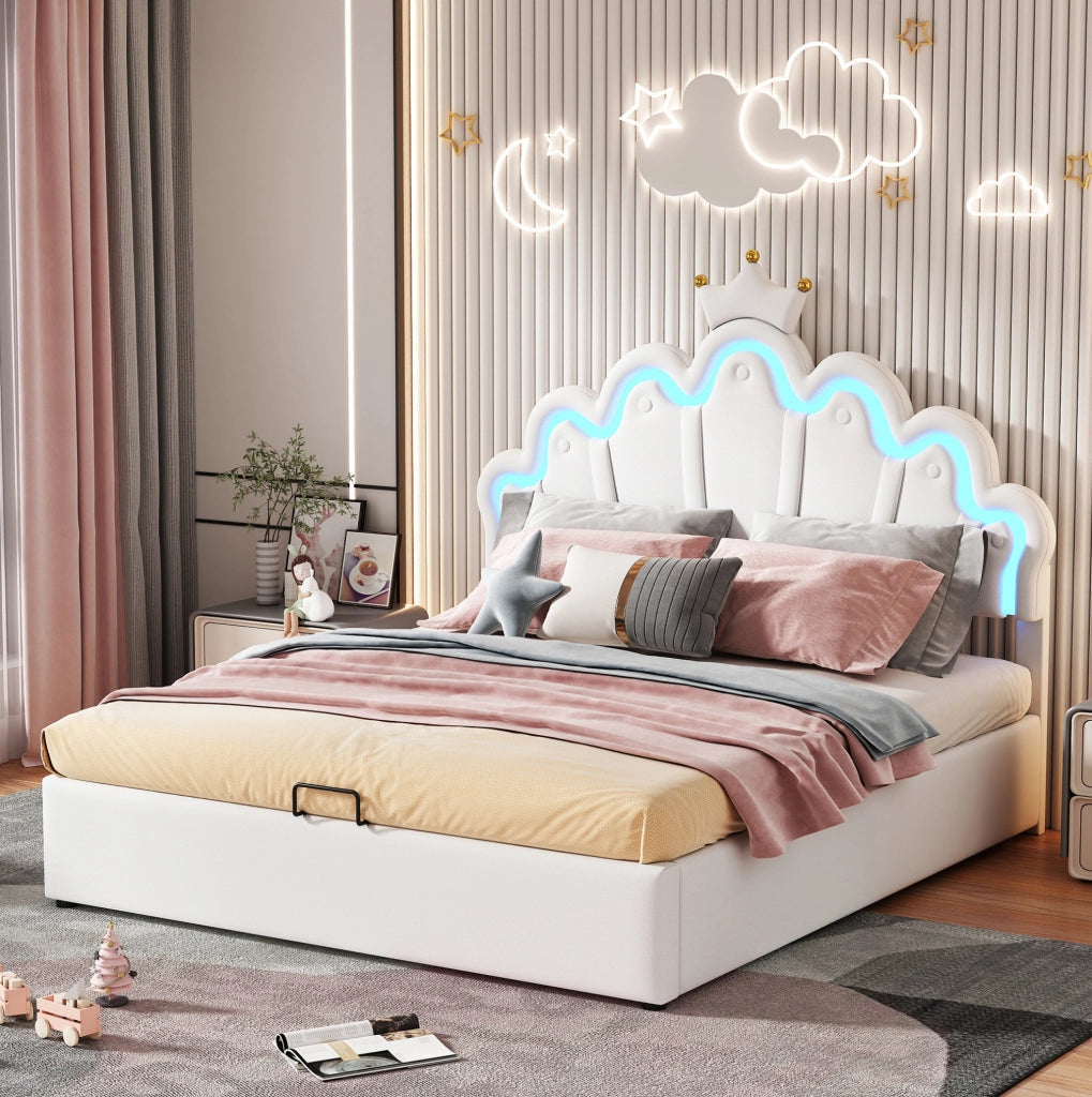 LETTO Contenitore 140x200 cm Bianco in PU con luci LED