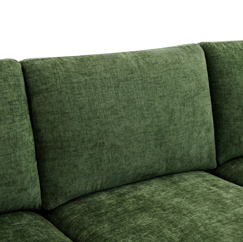 Divano modulare 4-6 posti in chenille verde con 2 pouf e 6 cuscini; 278x161x81 cm