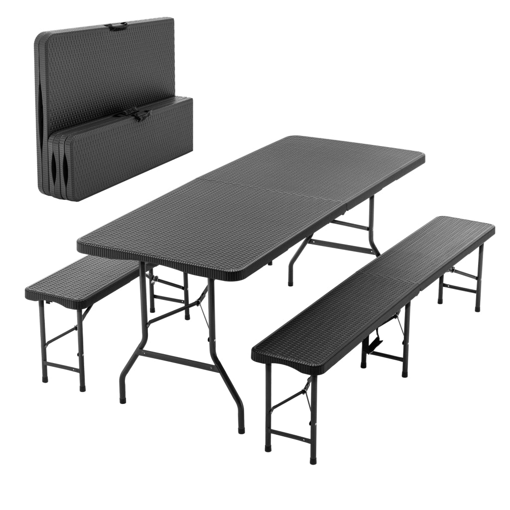 Set Tavolo Picnic Pieghevole con 2 Panche ¨C MINIMAL ¨C 3 Pezzi, HDPE, Nero, 182cm