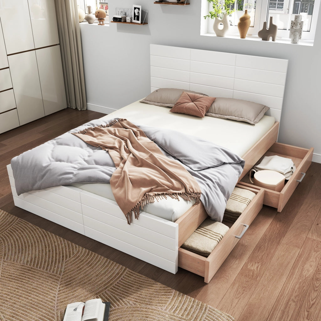 Letto matrimoniale 160 × 200 cm con 2 cassetti, materasso incluso, in legno massiccio e MDF, bianco e rovere