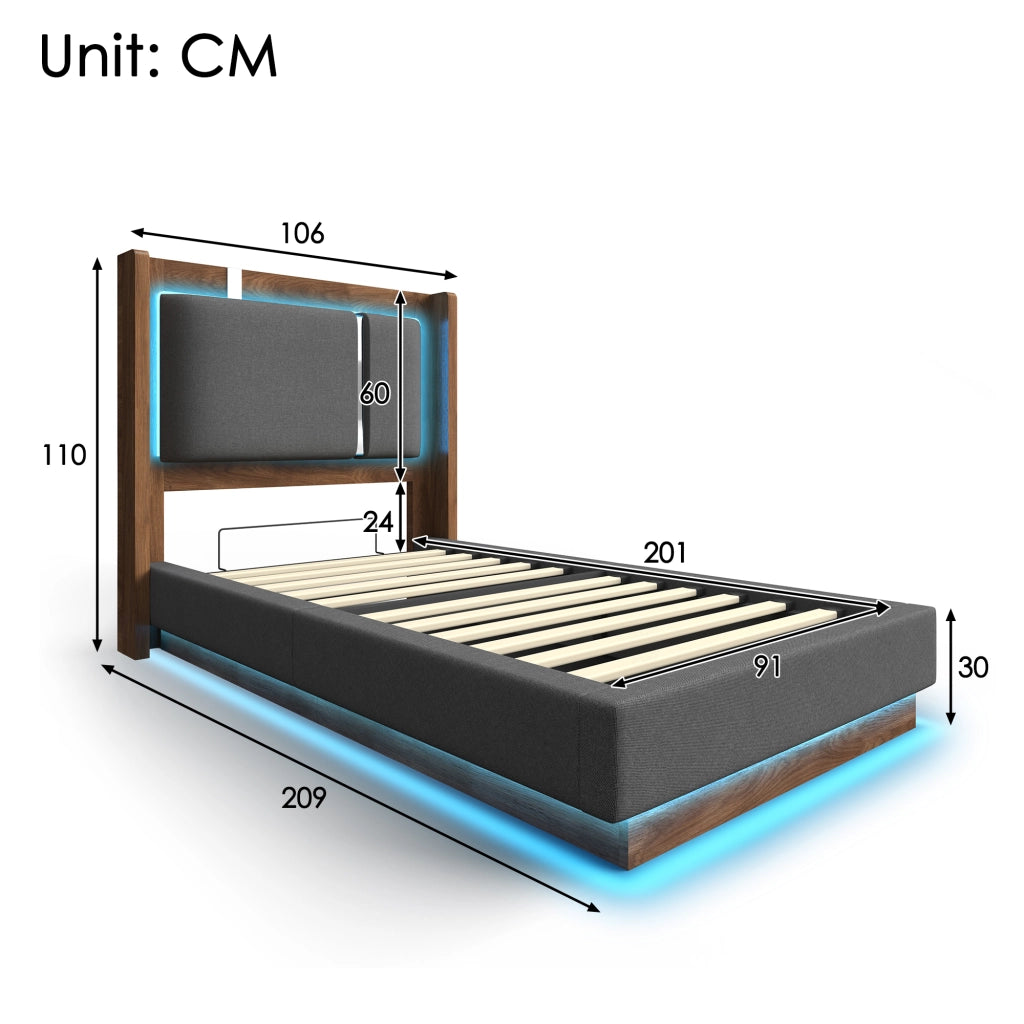 Letto contenitore singolo 90 × 200 cm con LED regolabile e sollevamento idraulico; senza materasso; grigio noce