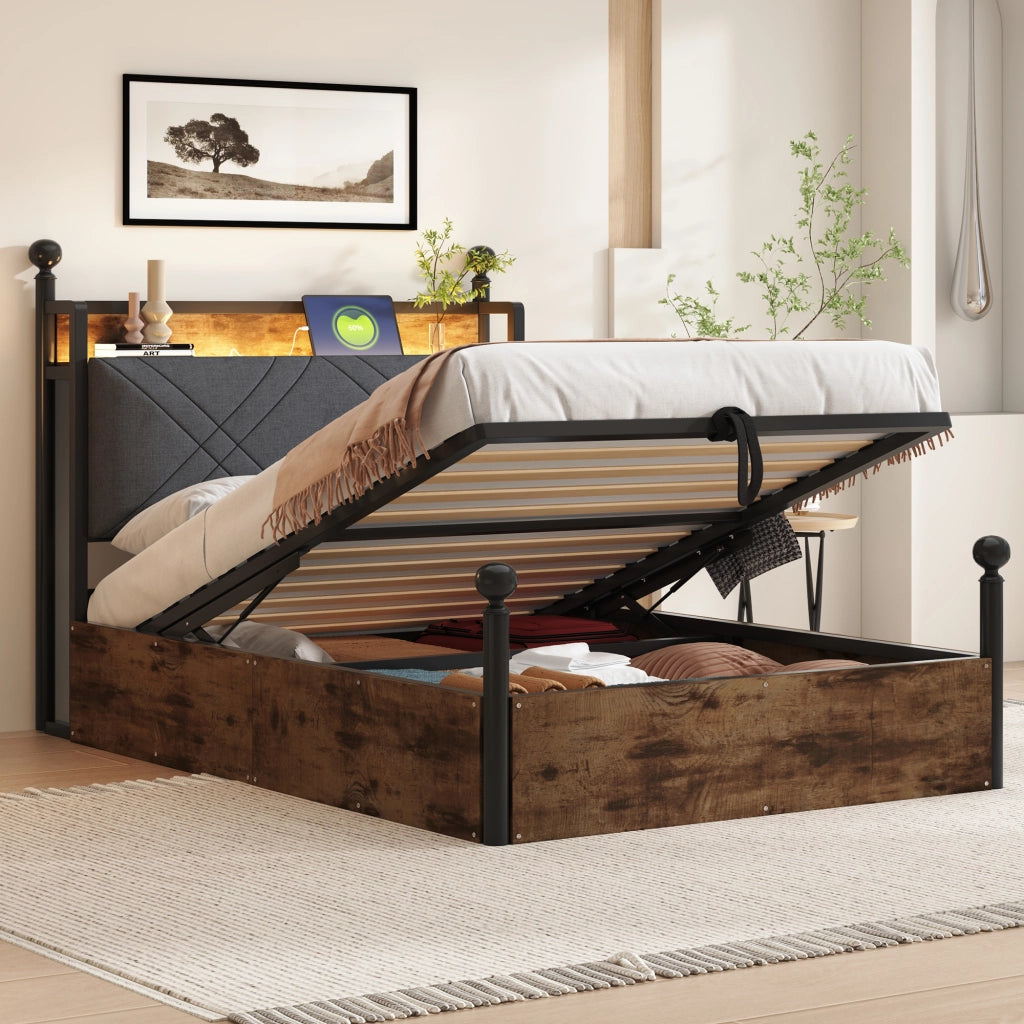 Letto con contenitore 90 × 190 cm con sollevamento idraulico; struttura in ferro; LED e porte USB Type-C nero