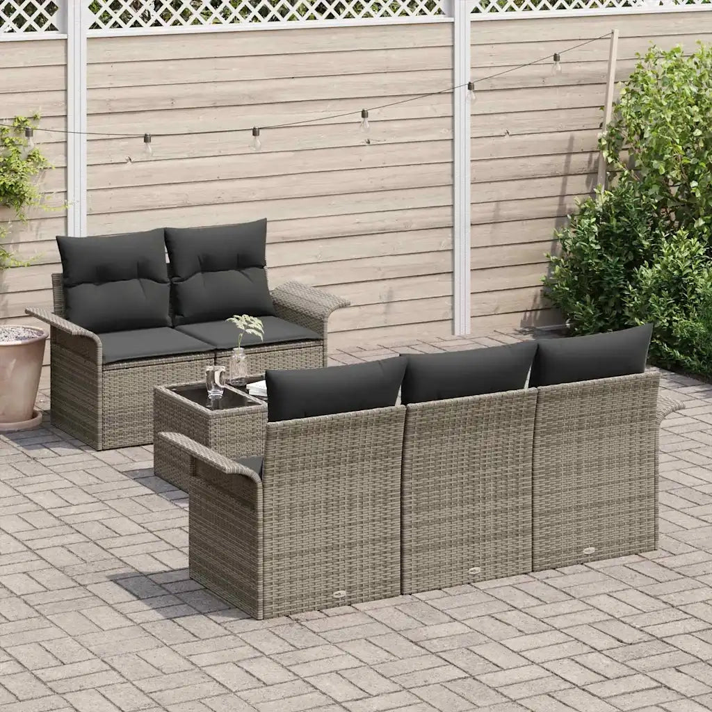 Set Divano da Giardino 6 pcs Grigio Polyrattan, Acciaio e Vetro
