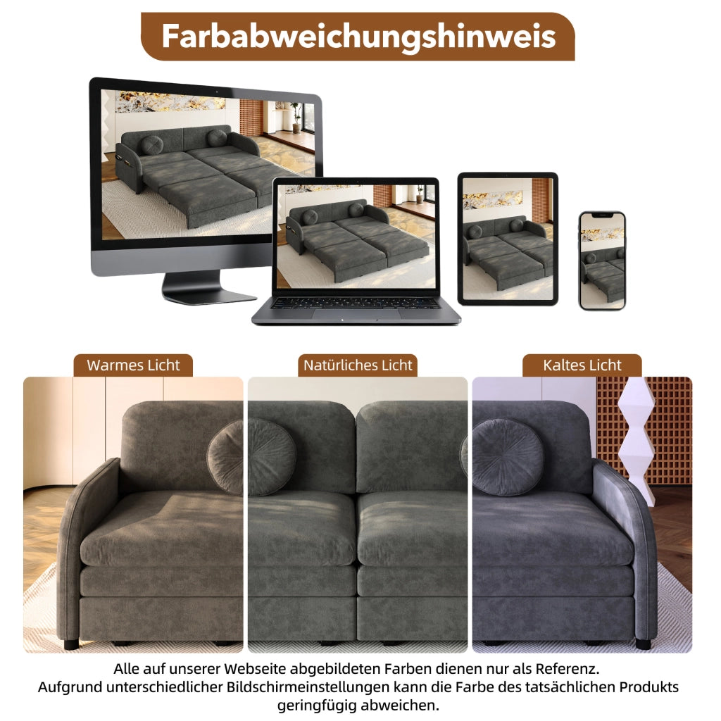Divano letto estraibile ULEVR 3 in 1 in ciniglia grigio con tasche laterali e cuscini regolabili