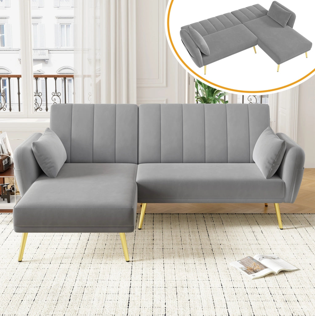 Divano angolare multifunzionale con funzione letto; chaise longue reversibile; 191;5x130;5x80 cm; grigio