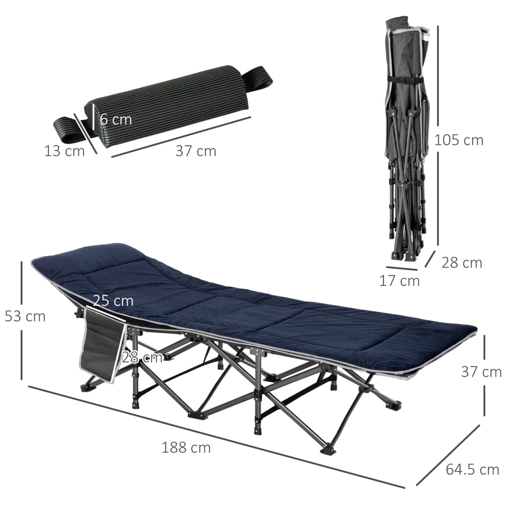 Letto da campeggio pieghevole con cuscino e tasca laterale; 188 x 64;5 x 53 cm; blu scuro