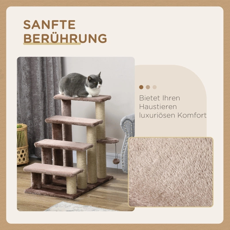 Scala per gatti con tiragraffi in corda di juta e pallina marrone in legno 60 × 40 × 64 cm