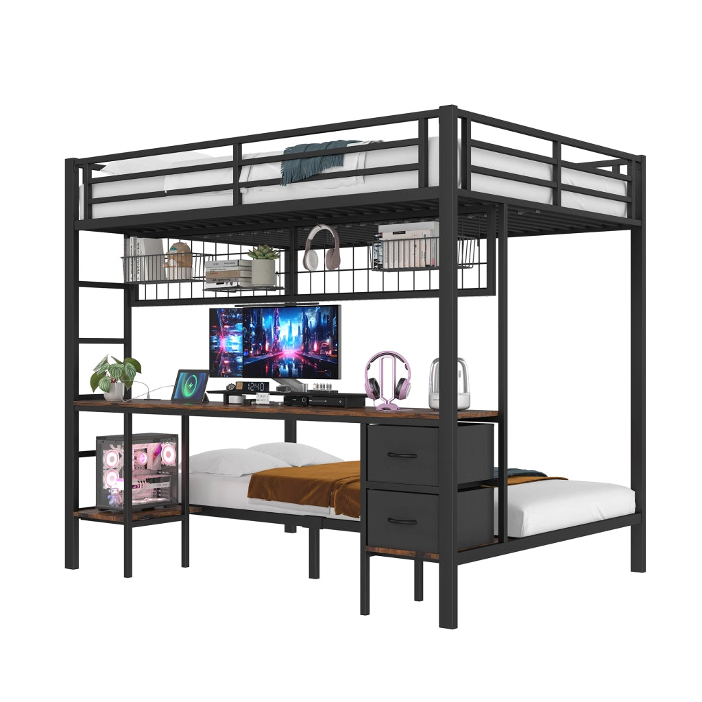 Letto a soppalco 140x200 cm con scrivania, cassetti, ripiani e LED USB, struttura in metallo nero