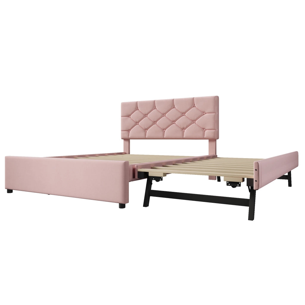 Letto imbottito 140x200 cm con rete a doghe e letto estraibile in velluto rosa