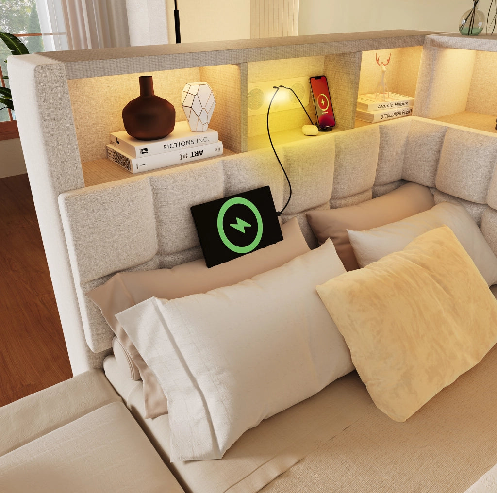 Letto singolo imbottito beige 90x200 con estraibile, LED, Bluetooth e USB-C