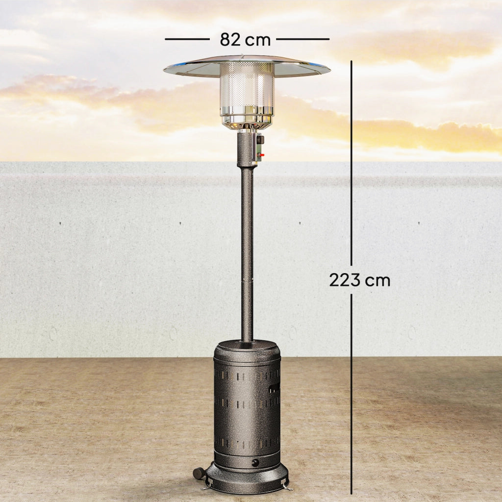 Riscaldatore da Esterno a Gas 11 KW in Metallo Marrone Scuro con Spegnimento Automatico e Ruote per Giardino 82x82x223 cm