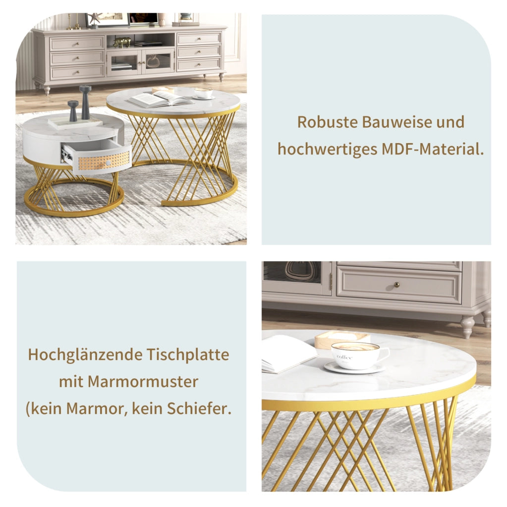 Set di 2 Tavolini Rotondi in MDF con Piano effetto Marmo, Cassetti in Rattan Plastico e Maniglie in Legno Massello, Gambe in Ferro Dorato 70x70x45,5 + 50x50x38,5 cm