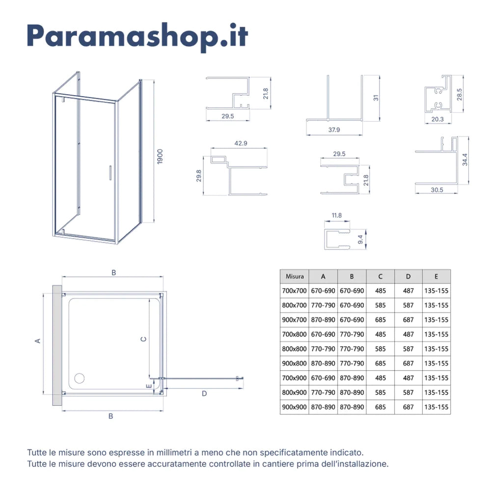 Box doccia cromato 3 lati 70x90x70cm porta battente e due pareti fisse vetro 6mm anticalcare opaco h190 | Lerici