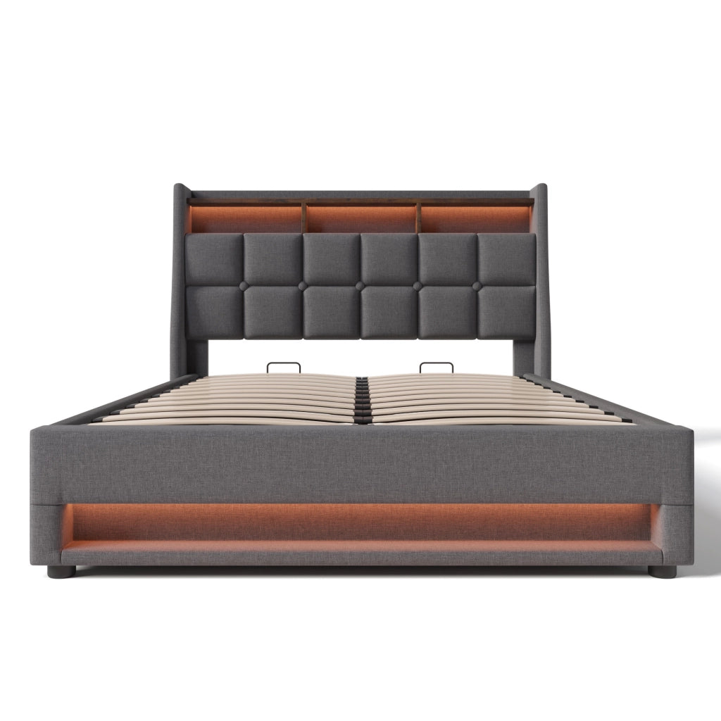 Letto imbottito 160 x 200 cm grigio con LED, USB e contenitore