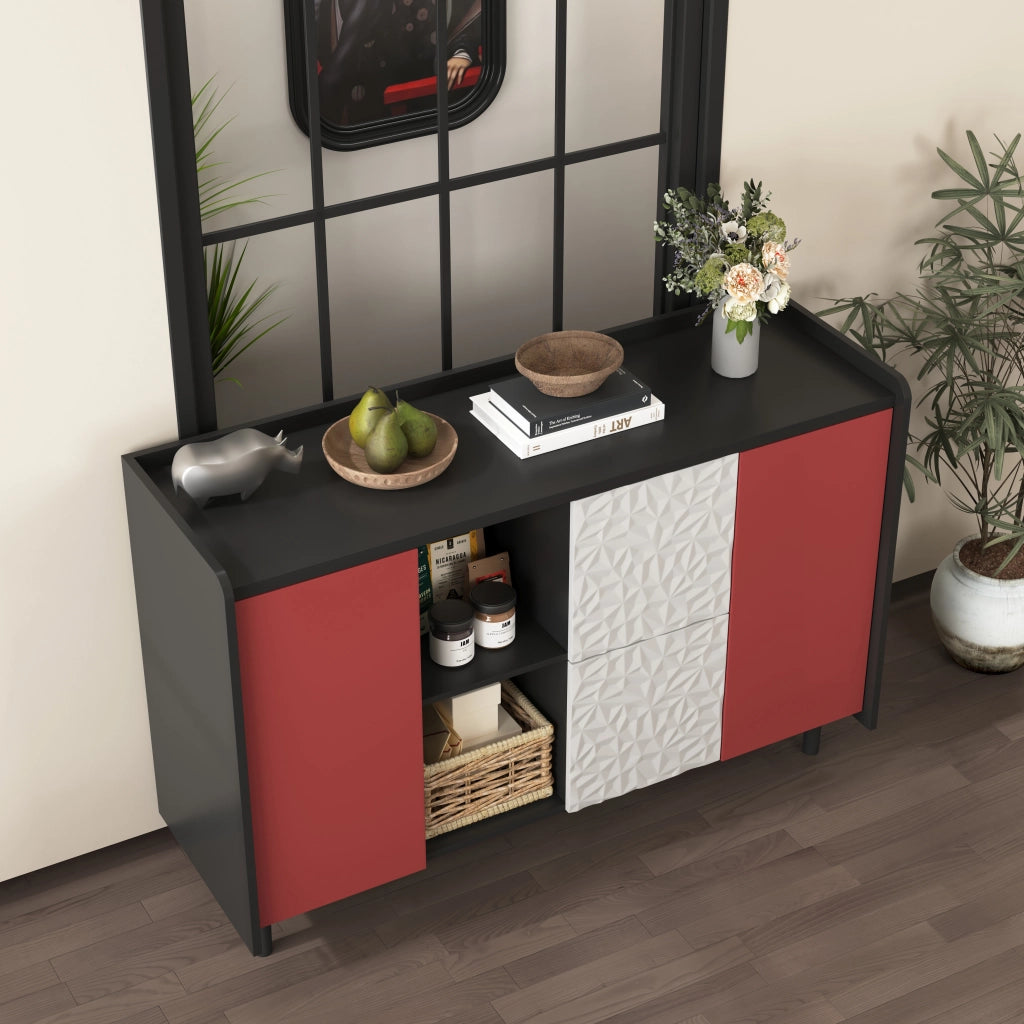 Credenza con 2 cassetti; vani aperti e armadietto chiuso in MDF nero e rosso 120 × 40 × 80 cm