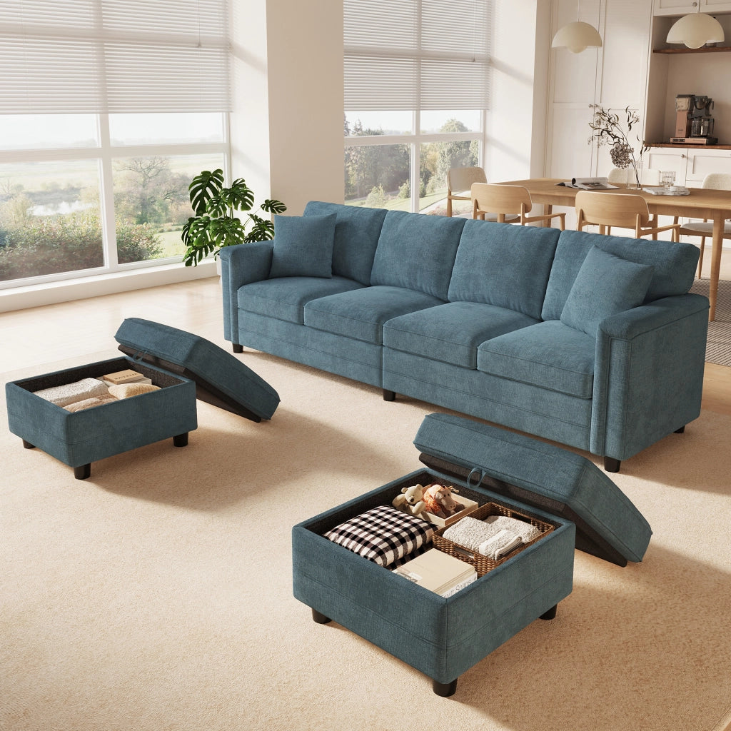Divano modulare a 6 posti in ciniglia blu con 2 pouf contenitore e ricarica USB Type-C 82 × 261 × 134 cm