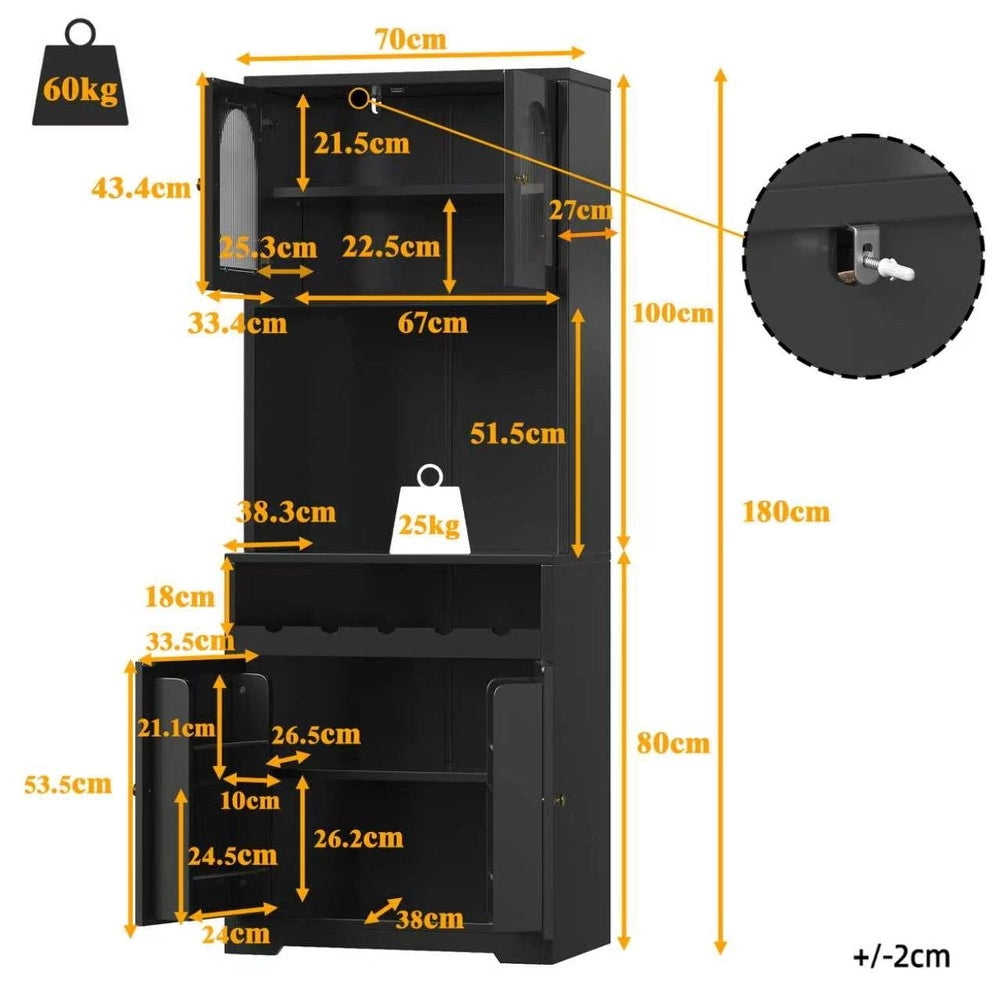 Set di 2 armadi alti ¨C Minimal ¨C nero, con ante in vetro, LED RGB, scaffale per vino, ripiani regolabili, 180cm